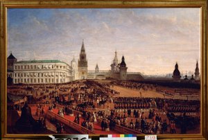 Desfile militar durante la coronación del emperador Alejandro II (1818-1881) en el Kremlin de Moscú, 18 de febrero de 1855. Pintura de Gustav Schwarz (circa 1800-después de 1855), óleo sobre lienzo de Gustav Schwarz