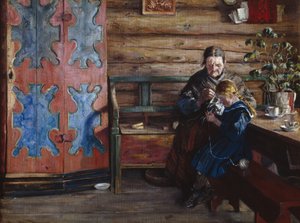 Interior de granja con nieta (óleo sobre lienzo)