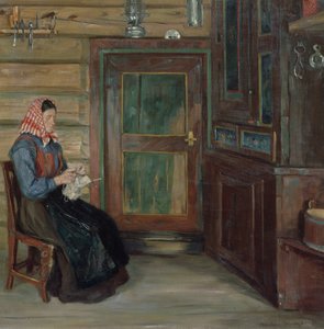 Interior de granjeros con mujer tejiendo