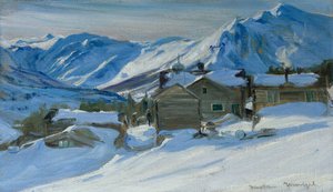 Granja de montaña en paisaje de nieve de Gustav Wentzel