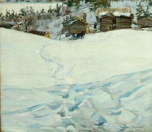 Granja de montaña en paisaje invernal (óleo sobre lienzo) de Gustav Wentzel