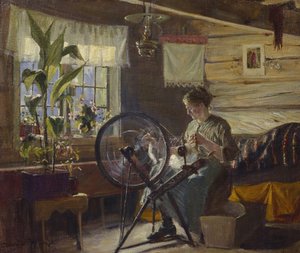 Mujer en el interior de una casa de campo (óleo sobre lienzo) de Gustav Wentzel