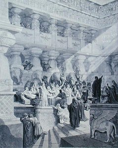 Daniel interpretando la escritura en la pared, grabado por A. Ligny, c.1868 de Gustave (after) Dore