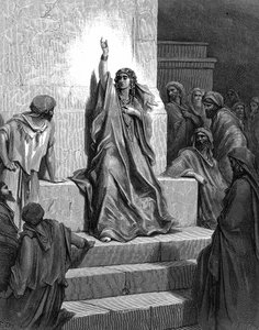 Débora, profetisa hebrea que liberó a su pueblo de Jabín, rey de Canaán, y su general Sísara, cantando su canción de triunfo. Jueces 5:1. Siglo XIII a.C. De la Biblia ilustrada de Gustave Doré 1866. Grabado en madera. de Gustave (after) Dore