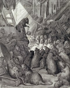 El Consejo Celebrado por las Ratas, de las Fábulas de La Fontaine, grabado por Antoine Valerie Bertrand (n.1823) c.1868 de Gustave (after) Dore