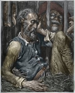 El encantamiento de Don Quijote de "Don Quijote de la Mancha" de Miguel Cervantes (1547-1616) - xilografía según dibujo de Gustave Doré