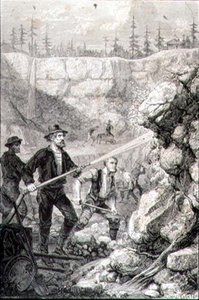 Prospección de oro en California en la década de 1860, grabado por Felix Jean Gauchard de Gustave Adolphe (after) Chassevent Bacques
