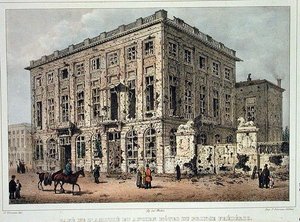 El Café Amitie y el Antiguo Hotel du Prince Frederic, Bruselas, después de los combates del 23-26 de septiembre de 1830, grabado por Jean Baptiste Madou (1796-1877) de Gustave Adolphe (after) Simoneau