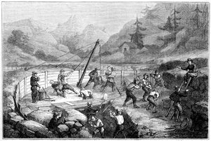Excavación y lavado de arenas en el fondo de un río, California, siglo XIX de Gustave Adolphe Chassevent Bacques