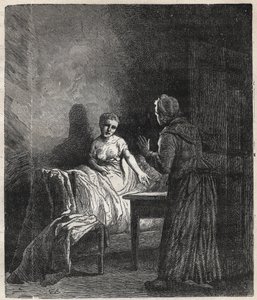 Marguerite entra en la habitación de Fantine y Fantine le muestra dos Napoleones (moneda) que pueden salvar a Cosette, su hija - Ilustración de Gustave Brion (1824-1877) para "Los Miserables - Primera parte: Fantine" de Victor Hugo (1802-1885) 1862 de Gustave Brion