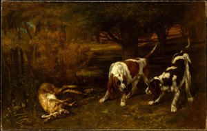 Perros de caza con una liebre muerta de Gustave Courbet