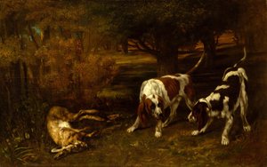Perros de caza con liebre muerta, 1857