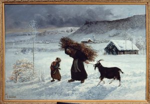 Pobreza en el pueblo, Ornans. Una campesina y su hija traen pan, troncos de madera y una cabra como provisión de invierno de Gustave Courbet