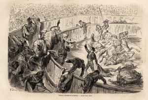 Un toro cruzando la barrera, durante una corrida en Valencia, dibujo de Gustave Doré para ilustrar su viaje a España con C. Davillier en 1862. Grabado en 
