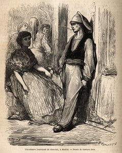 Un vendedor de chocolate al aire libre, boceto tomado en vivo en Madrid. Grabado por Gustave Dore (1832-1883) para ilustrar su viaje a España, con Ch. Davillier (editor), en 1862, publicado en “Le tour du monde” 1869, editado por Edouard Charton, Hachette de Gustave Dore