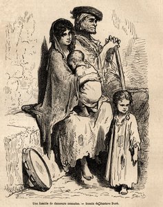 Una familia de bailarines nómadas descansando en las calles de Sevilla. Boceto tomado en vivo por Gustave Doré (1832-1883). Grabado para ilustrar el viaje en España, en 1862 por Charles Davillier y Gustave Doré, en 
