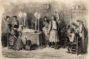 Una danza funeraria, durante el día mortuorio en Jijonas (provincia de Alicante). Boceto tomado en vivo por Gustave Doré (1832-1883). Grabado para ilustrar el viaje en España, en 1862 por Charles Davillier y Gustave Doré, en 