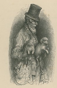 Un hombre con sombrero de copa sosteniendo dos perros de Gustave Dore