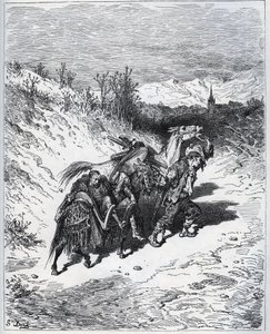 Un labrador trae de vuelta a Don Quijote y Rocinante al pueblo - de "Don Quijote de la Mancha" de Miguel Cervantes de Gustave Dore
