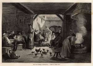 Una venta (posada) en Extremadura, que acoge a trabajadores y viajeros así como a varios animales domésticos o no, se puede beber en la jarra común suspendida de las vigas o individualmente y también se puede comer una sopa siempre en el fuego. Grabado par de Gustave Dore