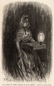 Una vendedora de cerillas de cera, boceto en vivo en la puerta del sol, en Madrid. Grabado por Gustave Dore (1832-1883) para ilustrar su viaje a España, con Ch. Davillier (editor), en 1862, publicado en “Le tour du monde” 1869, editado por Edouard Charton de Gustave Dore