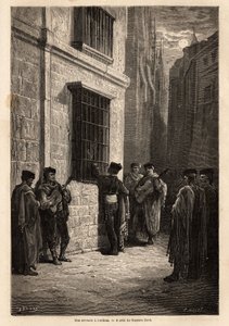 Una serenata a la luz de la luna, en las calles de Córdoba, el amante, guitarra en mano, habla en voz baja a su prometida a través de una ventana con reja, recita poemas o le canta una canción. Dibujo de Gustave Doré. Grabado para ilustrar el viaje a Españ de Gustave Dore