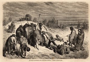 Una tropa de mendigos e inválidos, una verdadera corte de los milagros, se dirige a una diligencia para pedir limosna en las cercanías de Almuradiel (provincia de la Mancha). Dibujo de Gustave Dore (1832-1883). Grabado para ilustrar el viaje a España, en 1