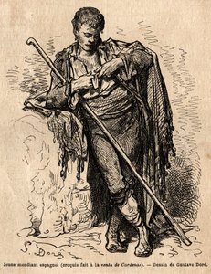 Un joven mendigo, a la venta de Cardenas, una posada en el camino de Almaden (provincia del Canal). Boceto tomado en vivo por Gustave Dore (1832-1883). Grabado para ilustrar el viaje a España, en 1862 por Charles Davillier y Gustave Dore, en "Le tour du mo