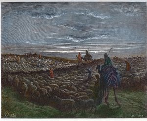 Abraham viajando a la tierra de Canaán - Abram se estableció en la tierra de Canaán - grabado en “The Bible illustree” por Gustave Dore (1832-1883) - Grabado de “The Dore Bible” de Gustave Dore