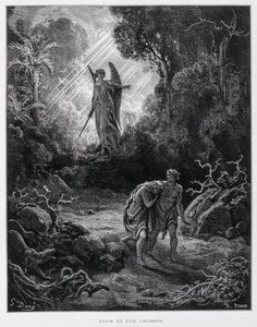 Adán y Eva desterrados del Jardín del Edén por un ángel, Ilustración de la Biblia de Dore de Gustave Dore