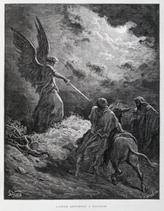 Un ángel recibió a Balaam con una espada, ilustración de la Biblia de Dore