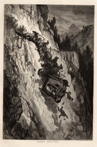 Un accidente de diligencia, dibujo de Gustave Doré (1832-1883), para ilustrar su viaje a España, con C. Davillier, en 1862. Grabado en "Le tour du monde", editado por Edouard Charton