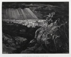 Un ángel con San Juan Bautista ante Jerusalén, Ilustración de la Biblia de Dore