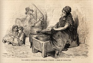 Una vendedora de castañas al aire libre, con su horno portátil, boceto en vivo en la Puerta del Sol, en Madrid. Grabado por Gustave Doré (1832-1883) para ilustrar su viaje a España, con Ch. Davillier (editor), en 1862, publicado en "Le tour du monde" de Gustave Dore