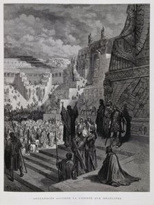 Artajerjes concede la libertad a los judíos en Persia, Ilustración de la Biblia de Dore de Gustave Dore