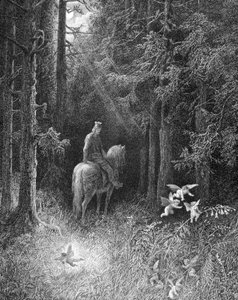 Mientras cruzaba los oscuros bosques, él mismo vio 3 espíritus locos de alegría saltando al lado del camino sobre una gran flor (un caballero de la mesa redonda encontrando a los tres espíritus en el bosque de Broceliande) - en “Junièvre” por Alfred Tennys