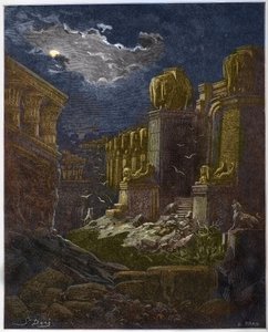 Ruina de Babilonia - La Caída de Babilonia - Babilonia en Ruinas (visión de San Juan) - Grabado en “La Biblia ilustrada” por Gustave Dore (1832-1883) - Grabado de “La Biblia de Dore”