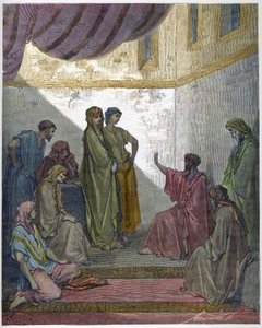 Bautismo de Cornelio el Centurión - Cornelio el Centurión recibe la fe de Jesucristo y es bautizado por San Pedro. - Grabado en “La Biblia Ilustrada” por Gustave Doré (1832-1883) - Grabado de “La Biblia de Doré” de Gustave Dore