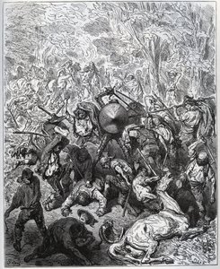 Batalla con los muleros - Los Yangois usaron sus garrotes - de “Don Quijote de la Mancha” por Miguel de Cervantes (1547-1616) - Grabado en madera después de un dibujo de Gustave Doré de Gustave Dore