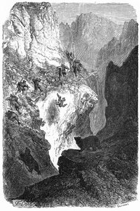 Caza del oso en los Pirineos: un hombre cae de la montaña. Grabado de Gustave Dore ilustrando el libro "Viaje a los Pirineos" de Hippolyte Taine, Hachette 1860.