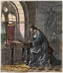 Bertrade de Montfort (1070-1117) Reina de Francia (esposa de Felipe I Rey de Francia) en Fontevrault - Grabado por Gustave Doré del siglo XIX en "Historia Nacional Ilustrada de Francia desde los Tiempos Más Remotos hasta Hoy" 1876 - Colección Privada de Gustave Dore