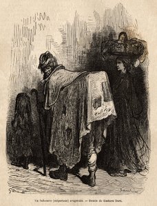 Buhonero, vendedor ambulante aragonés. Dibujo de Gustave Doré (1832-1883). Grabado para ilustrar el viaje en España, por Charles Davillier, en 1862, publicado en 