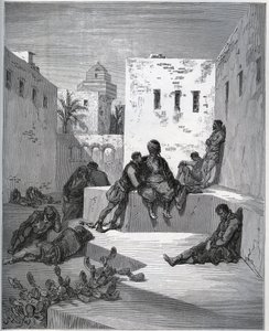 Historia de un cautivo. Patio del bagne de Argel donde el cautivo pide un servicio a un renegado cautivo - de "Don Quijote de la Mancha" de Miguel Cervantes (1547-1616) - xilografía según dibujo de Gustave Doré de Gustave Dore