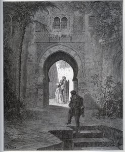 Historia del cautivo. Primer encuentro del cautivo con Zoraida en el jardín del padre, quien la trae de vuelta después de su desmayo fingido - de "Don Quijote de la Mancha" de Miguel Cervantes de Gustave Dore