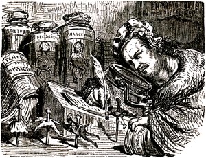 Viñeta de Honore de Balzac (1799-1850) realizada por Gustave Dore (1832-1883) para los Cuentos Drolatiques (1855): el escritor aparece como un entomólogo que estudia a los seres humanos como si fueran insectos en su gabinete repleto de borradores de entomo de Gustave Dore
