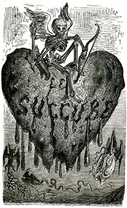 Ilustración de cabecera de capítulo de Gustave Dore para los Cuentos Drolaticos (1855) de Honore de Balzac (1799-1850): el súcubo (vampiro) - esqueleto, muerte, corazón, sangre-.