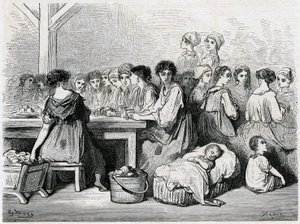 Cigarreras de Sevilla. Fabricación de cigarros, trabajadores, tabaco. Dibujo de Gustave Doré ilustrando el “Viaje a España” de Charles Davillier de Gustave Dore