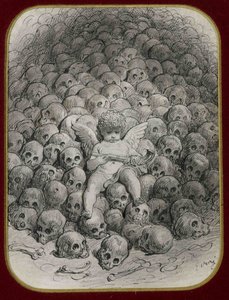 Cupido armado con una pistola sentado sobre una montaña de calaveras