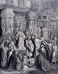 Ciro II el Grande (580 a.C. - 530 a.C.) liberó a los pueblos cautivos a su llegada a Babilonia en 539 a.C. y devolvió al pueblo judío los vasos sagrados que habían sido tomados como botín en el templo de Jerusalén. Grabado de Gustave Doré.