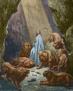 Daniel en el foso de los leones - grabado por Gustave Doré - coloreado posterior de Gustave Dore